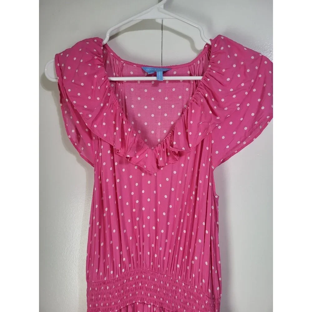DRAPER JAMES Women's S Pink Polka Dot Flutter Sleeve Midi Dress Tiered Pockets - Picture 3 of 12